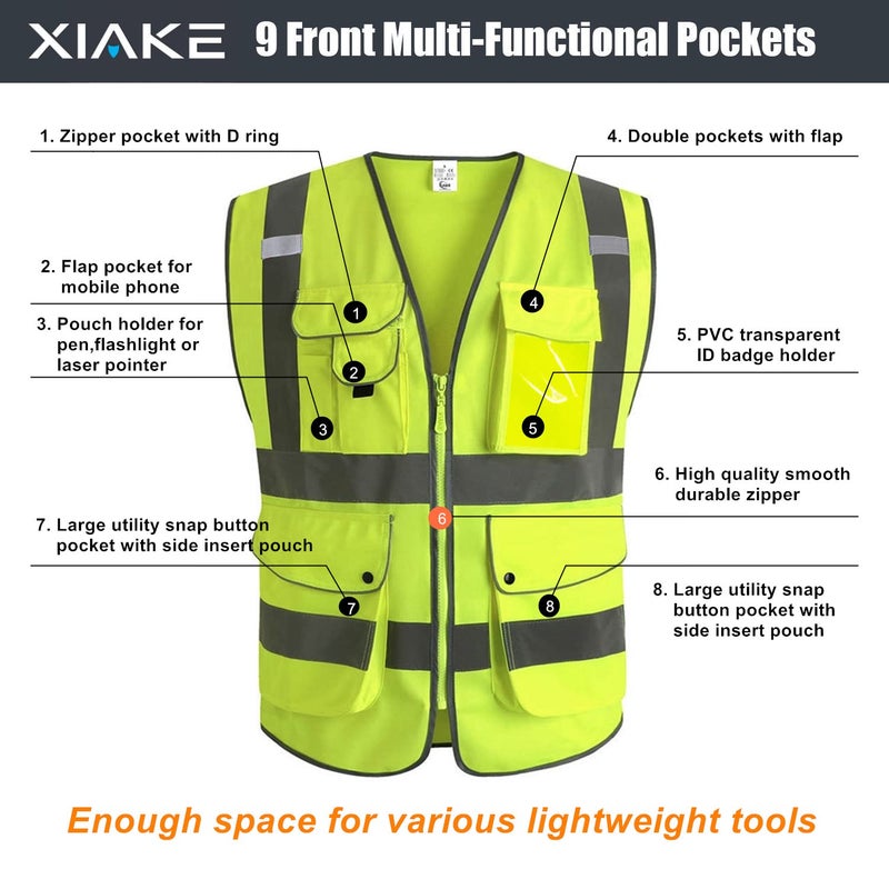 XIAKE 9 Pockets Class 2 High Visibility Reflective Safety Vest for Men Women,Meets ANSI/ISEA Standard(Yellow,Large) - Image 5